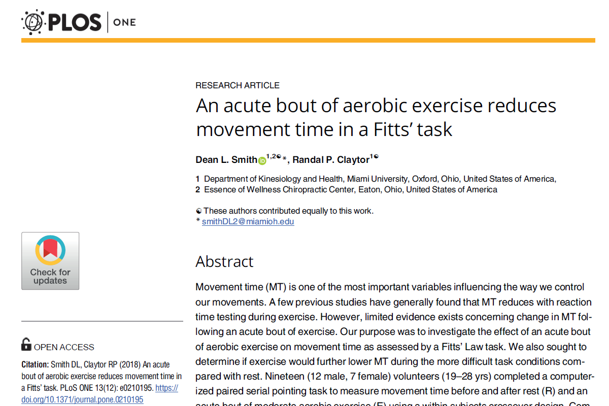 An acute bout of aerobic exercise reduces movement time in a Fitts’ task.