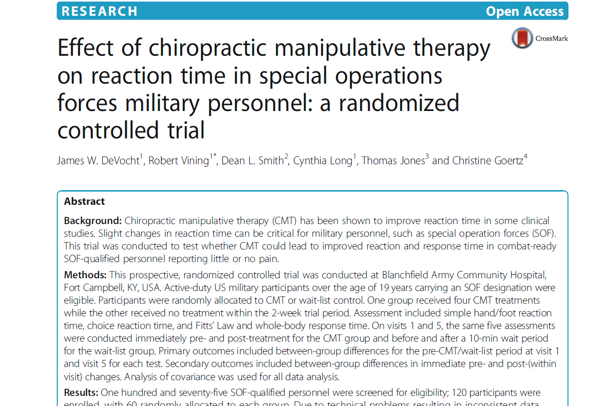 Effect of chiropractic manipulative therapy on reaction time in special operations forces military personnel: a randomized controlled trial.